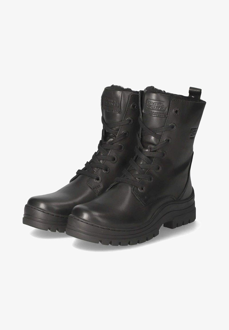 Zwarte leren enkelboots met veters, ronde neus, rubberen zool, gepolsterde kraag en logodetail op de tong. Getextureerde afwerking.