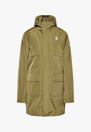 Oliwkowa wodoodporna kurtka z zamkiem błyskawicznym z przodu, regulowanym kapturem i dwoma dużymi przednimi kieszeniami; posiada logo na piersi.