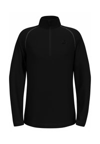 Schwarzer Pullover mit einem Viertel-Reißverschlusskragen, langen Ärmeln und reflektierenden Nähten. Verfügt über ein kleines Logo auf der Brust. Hergestellt aus einem glatten, dehnbaren Stoff.