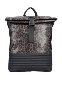 Sac à dos en imprimé léopard avec un haut roulé, une sangle noire et un fond noir texturé. Fabriqué en matériaux synthétiques, il possède une fermeture à boucle.