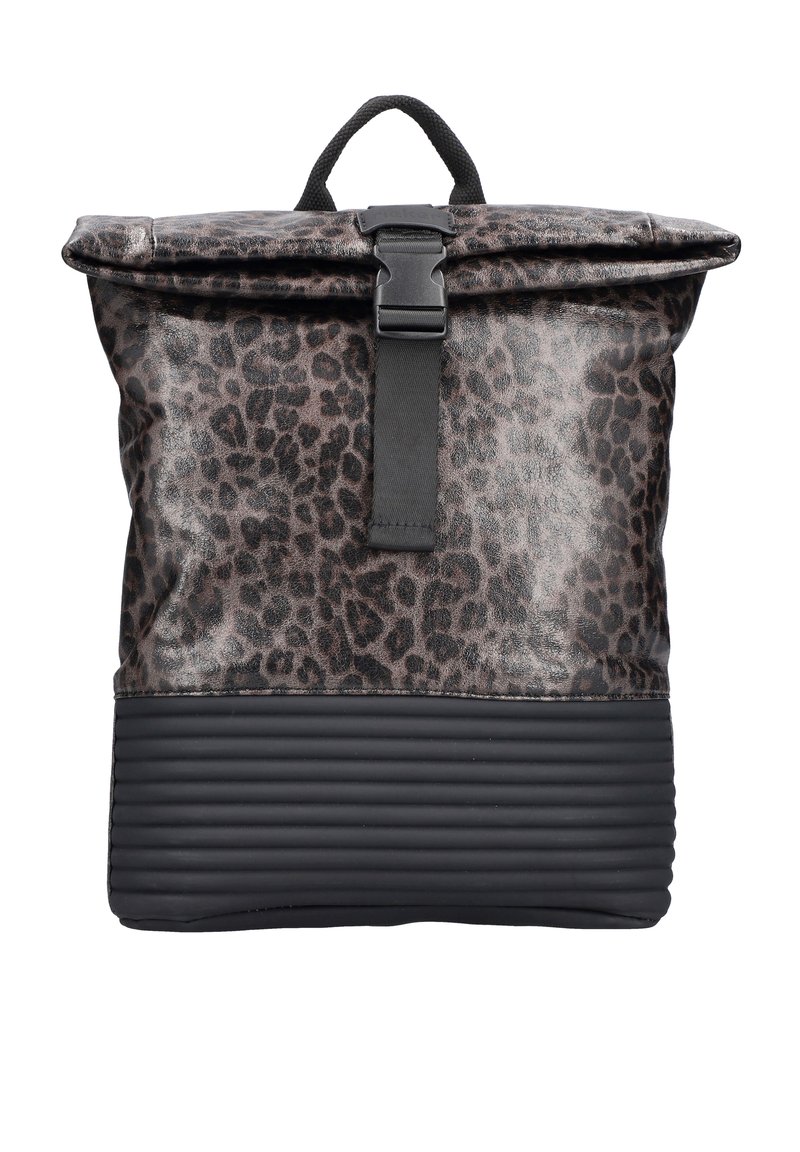 Sac à dos en imprimé léopard avec un haut roulé, une sangle noire et un fond noir texturé. Fabriqué en matériaux synthétiques, il possède une fermeture à boucle.