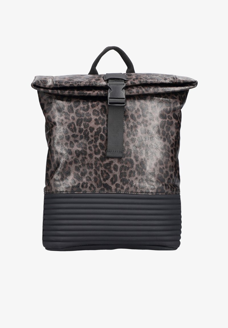 Sac à dos en imprimé léopard avec un haut roulé, une sangle noire et un fond noir texturé. Fabriqué en matériaux synthétiques, il possède une fermeture à boucle.