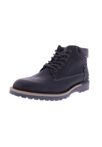 Zwarte leren enkellaarsjes met vetersluiting, contrasterende stiksels, rubberen zool en verstevigde hiel. Gelaagd bovenwerk en houten accent.