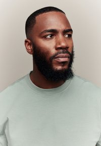 Mintgroen T-shirt met ronde hals, korte mouwen, zachte stof. Model heeft een korte baard en kortgeknipt haar, met een neutrale achtergrond.