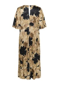 Rochie cu model floral în bej și negru, mâneci scurte cu volane, lungime până la genunchi, detaliu decupat la spate, material neted cu o ușoară strălucire.