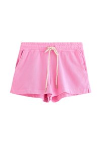 Pantaloni corti di cotone rosa con vita elastica e cordino beige. Presentano tasche laterali e una vestibilità casual e rilassata.