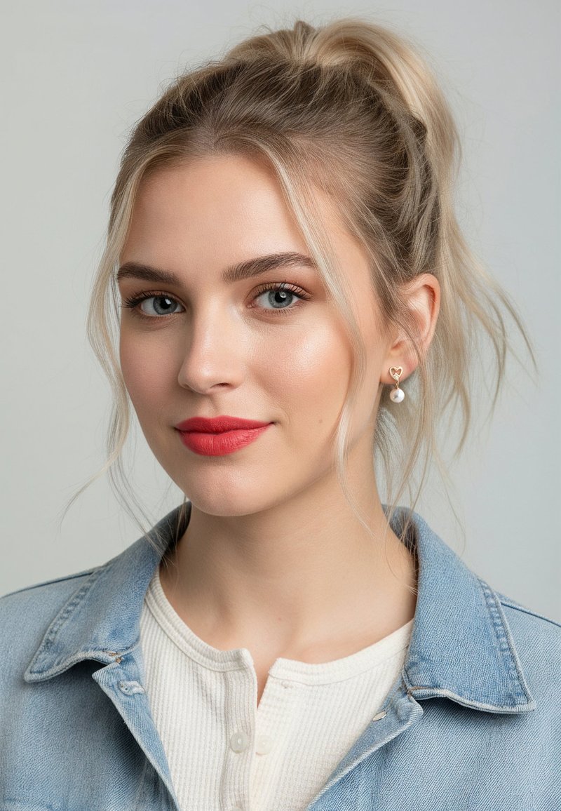 Guldörhängen i hjärtform med en vit pärldroppe. Jeansjacka över en ljus, strukturerad skjorta. Mjuk hud, lätt smink och blont hår i en hästsvans.