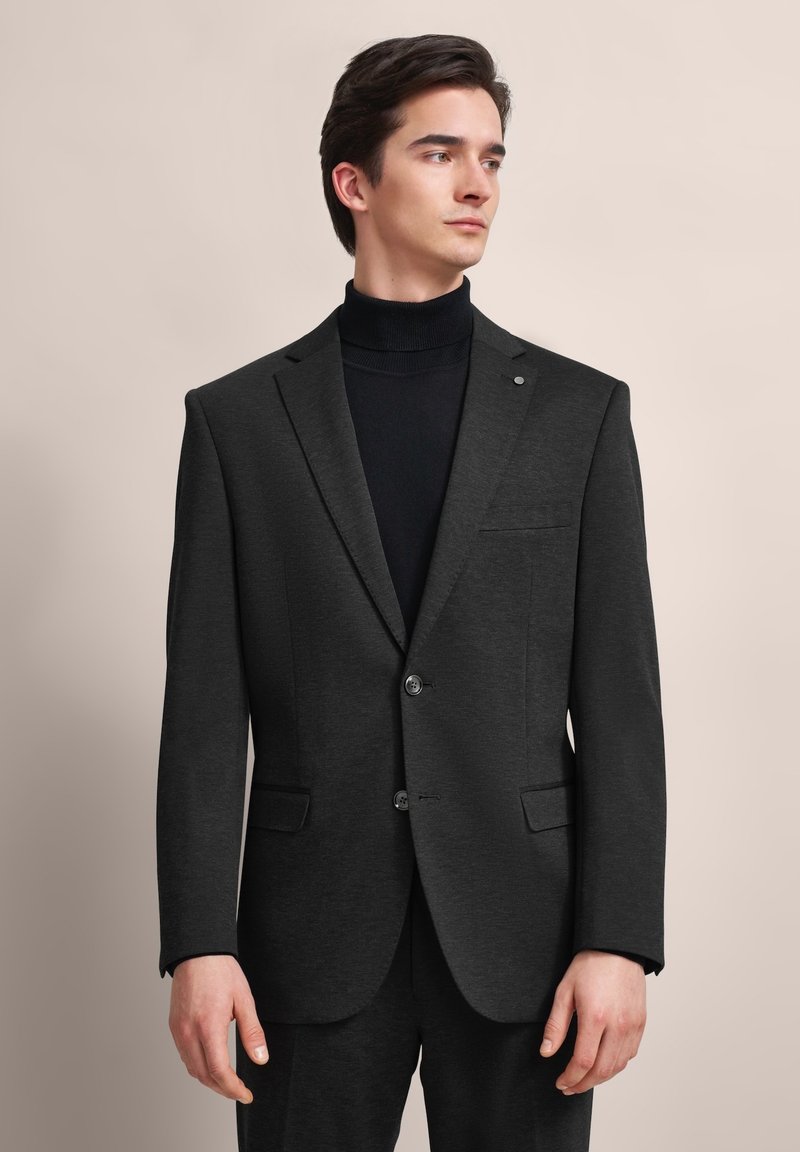 Charcoalgrauer Blazer mit strukturiertem Finish, einreihigem Design, zwei Knöpfen, Reverskragen und einer Fronttasche.