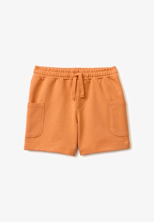 Orange elastische Taillenshorts mit Kordelzug und zwei aufgesetzten Fronttaschen, eine mit kleinem gesticktem Logo.