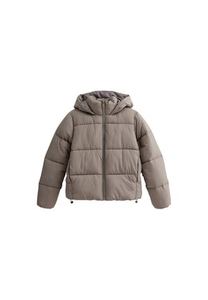 Gray puffer jacket with a hood, featuring a front zipper, quilted pattern, and elastic drawcords at the hem for adjustable fit.