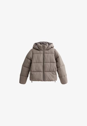 Graue Pufferjacke mit Kapuze, ausgestattet mit einem Frontreißverschluss, einem gesteppten Muster und elastischen Kordeln am Saum für eine anpassbare Passform.