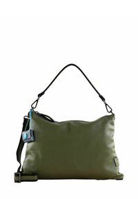 Borsa a tracolla verde in pelle con texture grintosa, chiusura a zip, tracolla removibile e un piccolo dettaglio blu.