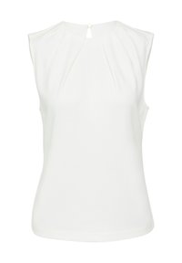 White sleeveless blouse with pleated detailing at the front, soft fabric, and a small keyhole opening at the back secured by a circular clasp.