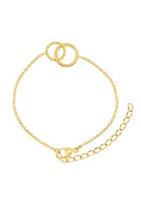 Bracciale in oro con due anelli intrecciati e un fermo texturizzato. La catena ha un design delicato con piccoli anelli rotondi.