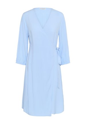 Light blue wrap dress with three-quarter sleeves, v-neck, and a tie detail at the waist. Smooth fabric with a flowing silhouette.