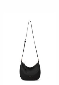 Borsa a spalla in pelle nera con finitura testurizzata, forma curva, dettagli in hardware dorato e tracolla regolabile. Presenta una chiusura con zip.