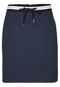 Laivastonsininen hame, jossa on teksturoitu pinta, kiristysnauhavyötärö, kontrastivärinen raidallinen vyötärönauha ja suoraviivainen siluetti.