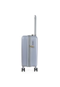 Maleta rígida de color gris claro con superficie texturizada, cremalleras dobles, cerradura de combinación y asa retráctil. Cuatro ruedas negras para mayor movilidad.