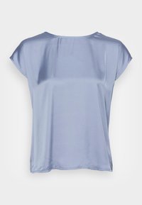 Blusa azzurra chiara a maniche corte, realizzata in tessuto liscio. Presenta un collo rotondo e una vestibilità ampia, con cuciture minime e senza motivi.