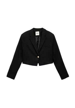 Sort cropet blazer med lange ærmer, enkelt guldknaplukning og hakkede revers, vist på hvid baggrund.