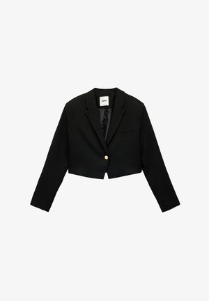 Blazer noir cropped à manches longues, fermeture à un bouton doré, col à revers crantés, présenté sur fond blanc.