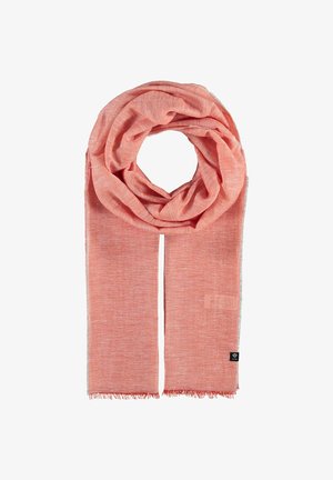 Korallivärvi sall koos pehme, tekstureeritud pinnaga; omab pitsitatud ääri ja ühel otsal väikest musta logo silti, mõeldud mitmekesisteks kandmisvõimalusteks.