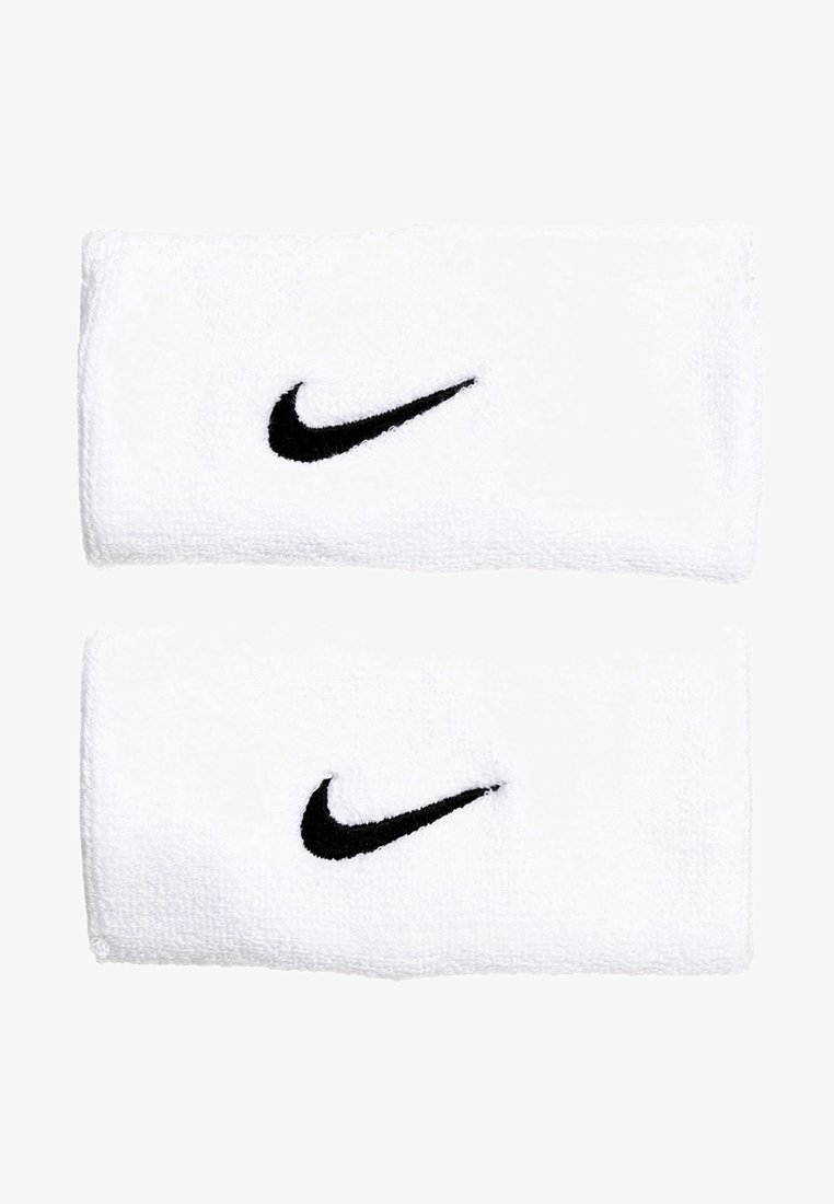 White cotton terry cloth sports headbands with black embroidered Nike logos on each. Two headbands displayed stacked together.