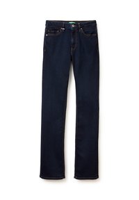 Jeans de mezclilla de color azul oscuro, con un diseño de pierna recta, cinco bolsillos, costuras a contraste y cierre de botón.