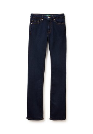 Tmavě modré džíny vyrobené z denimu, s rovnými nohavicemi, pěti kapsami, kontrastním stehem a zapínáním na knoflík.