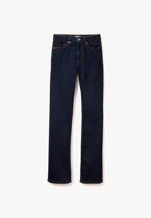 Ciemnoniebieskie dżinsy wykonane z denimu, z prostymi nogawkami, pięcioma kieszeniami, kontrastowym przeszyciem i zapięciem na guzik.