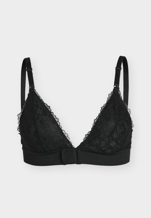 Μαύρο δαντελωτό bralette με ρυθμιζόμενους λεπτούς ιμάντες, τριγωνικά κύπελλα, κυματιστές άκρες και κλείσιμο με κούμπωμα μπροστά σε απλό φόντο.