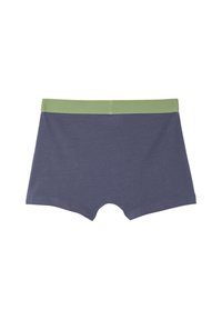 Dark blue boxer shorts made of soft fabric, featuring a green elastic waistband. The design includes a smooth texture and a mid-thigh cut.
