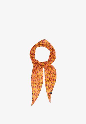 Foulard in seta multicolore con un motivo pixelato nelle tonalità di arancione, rosa e marrone, con estremità a punta e un piccolo etichetta del logo.