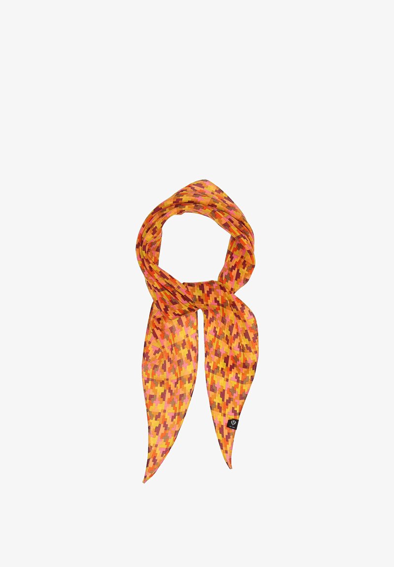 Mitmevärviline siidissall, millel on piksliline muster oranži, roosa ja pruuni tooni, teravate otstega ja väike logo silt.