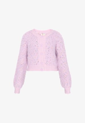 Cárdigan de punto lila y suave con mangas largas, botones en la parte frontal, motas multicolores y puños y dobladillo acanalados.