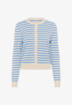 Randig kofta i ljusblå och krämfärgad, med rund hals, långa ärmar och knapplist framtill med texturerat stickat material.