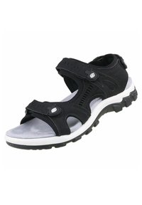 Black sandal with synthetic upper, adjustable straps, open-toe design, padded insole, contrasting white midsole, and textured black outsole.