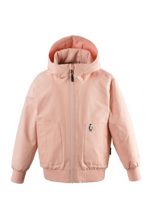 Giacca con cappuccio rosa chiaro con cerniera frontale, due tasche, polsini a coste e un piccolo logo pinguino bianco e nero sulla tasca sinistra.