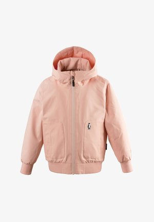 Hellrosa Kapuzenjacke mit Frontreißverschluss, zwei Taschen, gerippten Bündchen und einem kleinen schwarz-weißen Pinguin-Logo auf der linken Tasche.