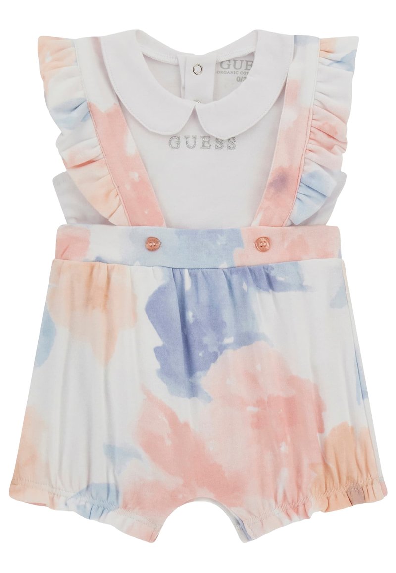Romper in cotone biologico con motivo ad acquerello pastello in rosa, blu e bianco. Caratterizzato da spalline arricciate e due bottoni frontali.