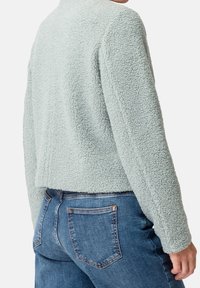 Lichtgroene, gestructureerde, harige jas met lange mouwen en een cropped ontwerp, gecombineerd met blauwe denim jeans met een klassieke pasvorm en achterzakken.