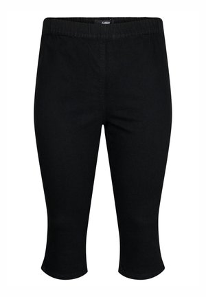 Black capri pants made of stretch fabric, featuring an elastic waistband and a fitted cut that tapers at the ankle with no additional accents.