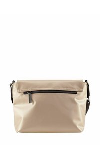 Borsa a tracolla impermeabile beige con parte superiore arrotolata, tasca frontale piatta, cerniera nera e tracolla regolabile. Texture liscia e design minimalista.