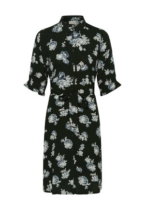 Blumenkleid in Dunkelgrün mit blauen und weißen Blüten. Verfügt über eine durchgehende Knopfleiste, kurze Ärmel und eine Taillenbindung.