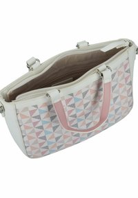 Borsa strutturata con corpo bianco, manici rosa e un motivo geometrico di colori pastello. Presenta una chiusura con zip e una tasca interna.