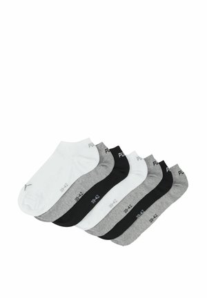 Set aus sechs Knöchelsocken in Weiß, Hellgrau, Dunkelgrau und Schwarz. Jede Socke verfügt über die Größenangabe 39-42, die an der Seite aufgedruckt ist.