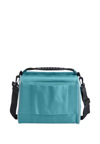 Torba na ramię w kolorze morskim, wykonana z trwałej tkaniny, z górnym uchwytem, regulowanym czarnym paskiem oraz przednią kieszenią na dodatkowe przechowywanie.