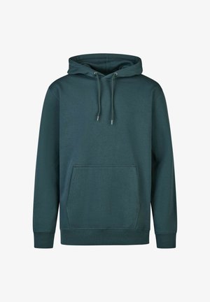 Dark teal hoodie with a drawstring hood, front kangaroo pocket, ribbed cuffs, and soft texture. Simple design with no patterns or logos.