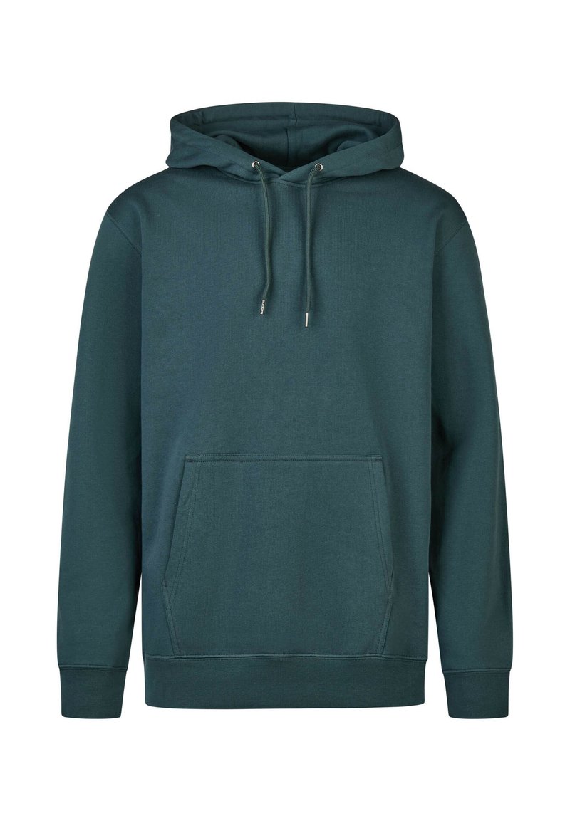 Dark teal hoodie with a drawstring hood, front kangaroo pocket, ribbed cuffs, and soft texture. Simple design with no patterns or logos.