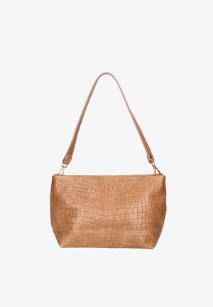 Bruine leren handtas met krokodillenstructuur, rechthoekige vorm, en enkele schouderriem bevestigd met metalen gespen.